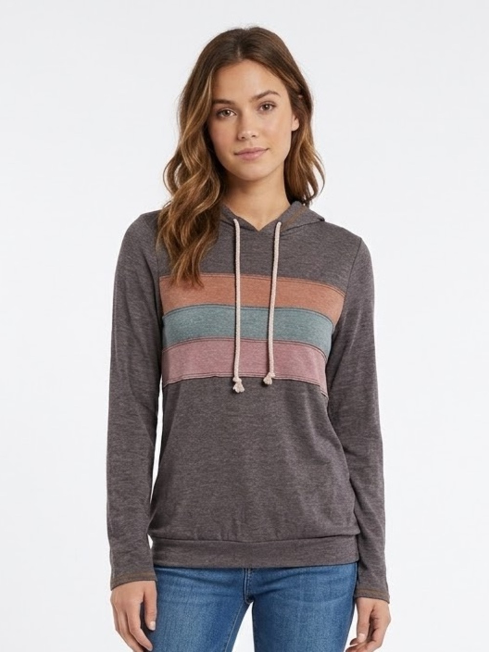 Lovely Melody Grey Stripe Retro Drawstring Hoodie Sweatshirt Size Small